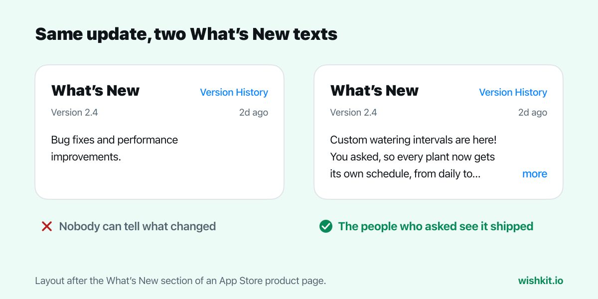 App Store release notes compared: a What's New that says bug fixes and performance improvements next to one that leads with the watering intervals users asked for
