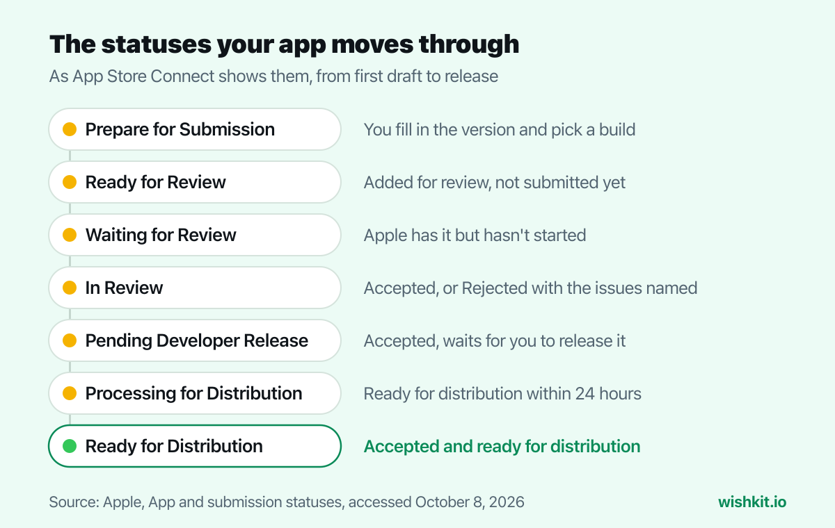 App Store Connect statuses when you publish an app: Prepare for Submission, Ready for Review, Waiting for Review, In Review, Pending Developer Release, Processing for Distribution, Ready for Distribution