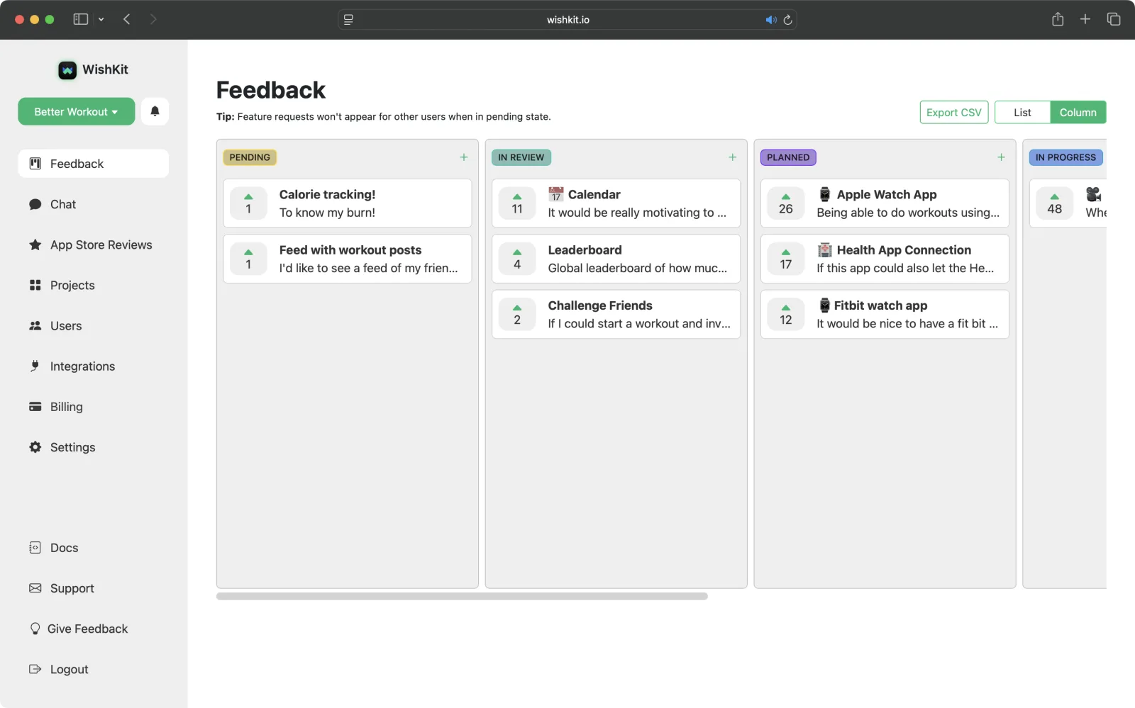 Screenshot of the WishKit dashboard showing a feedback board with Pending, In Review, Planned and In Progress columns, and a sidebar with Feedback, Chat and App Store Reviews