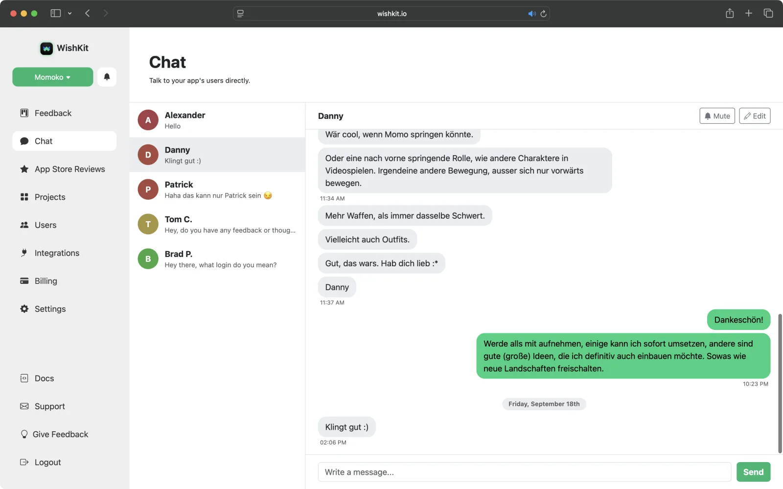 Screenshot of the WishKit Chat inbox: a list of conversations on the left and an open conversation on the right with the user's messages in gray, the developer's replies in green, a day separator, and Mute and Edit buttons