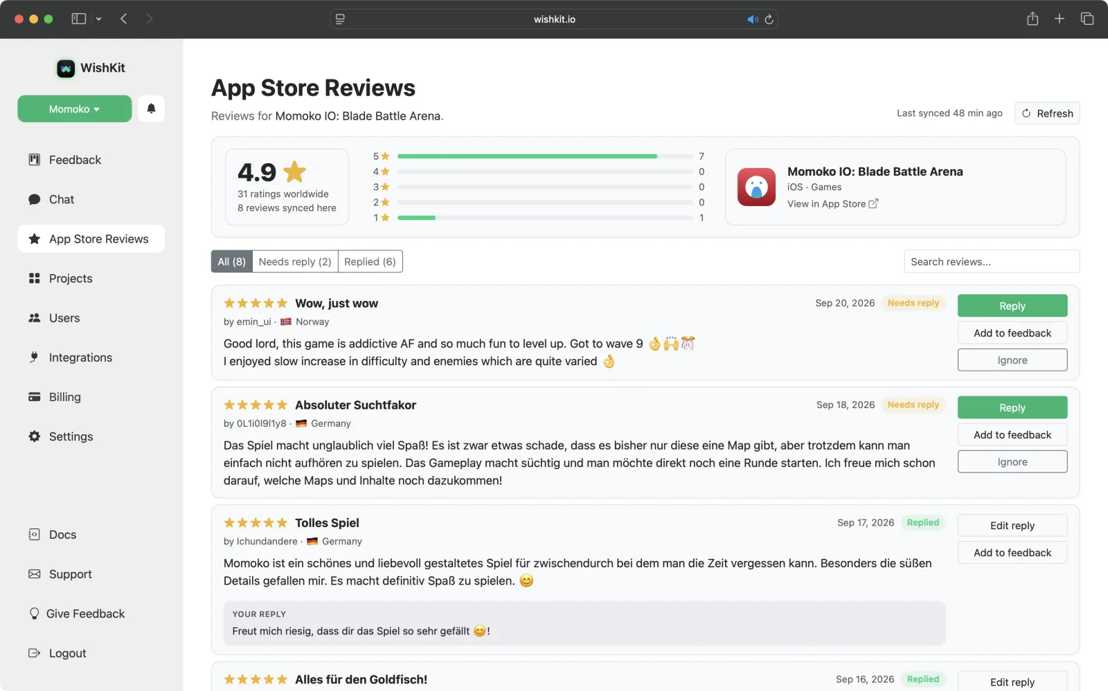Screenshot of the WishKit App Store Reviews page: the app's 4.9 rating from 31 ratings, a star distribution chart, tabs for All, Needs reply and Replied, and reviews from Norway and Germany with Reply, Add to feedback and Ignore buttons