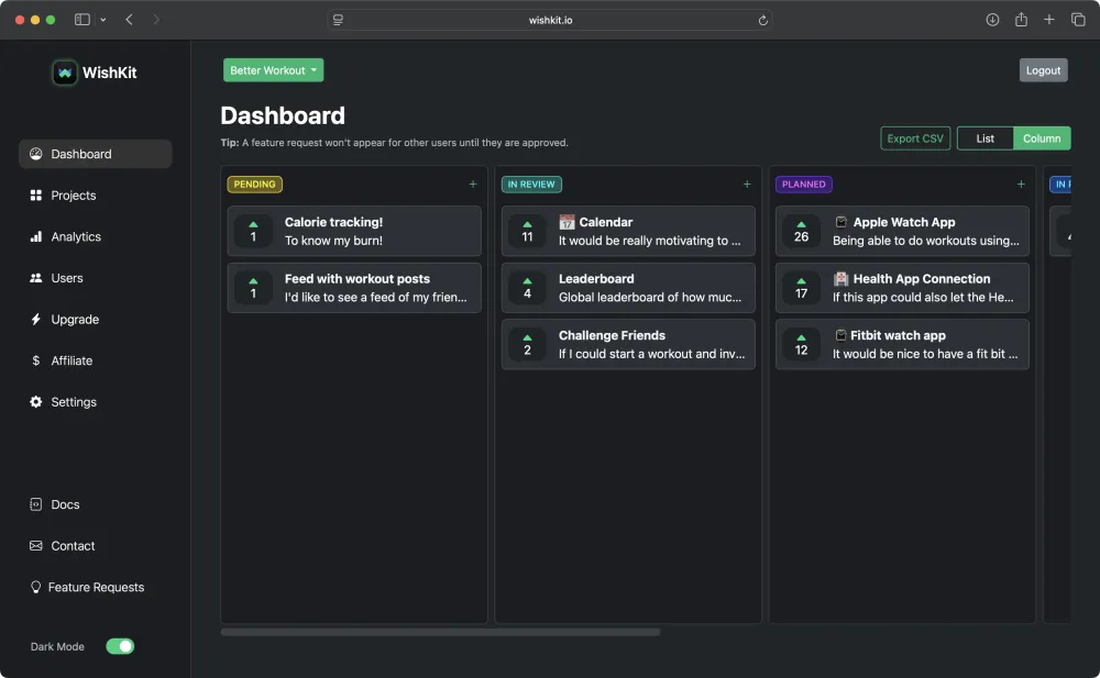 WishKit dashboard in dark mode with feature requests grouped into pending, in review and planned columns