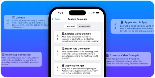 iPhone showing a WishKit feature request list where users vote on ideas like an exercise video example and an Apple Watch app