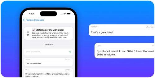 iPhone showing the comment thread under a feature request, with the admin replying to a user